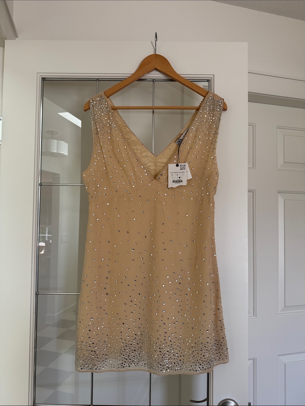 Zara Champagne Beaded V-Neck Mini Dress